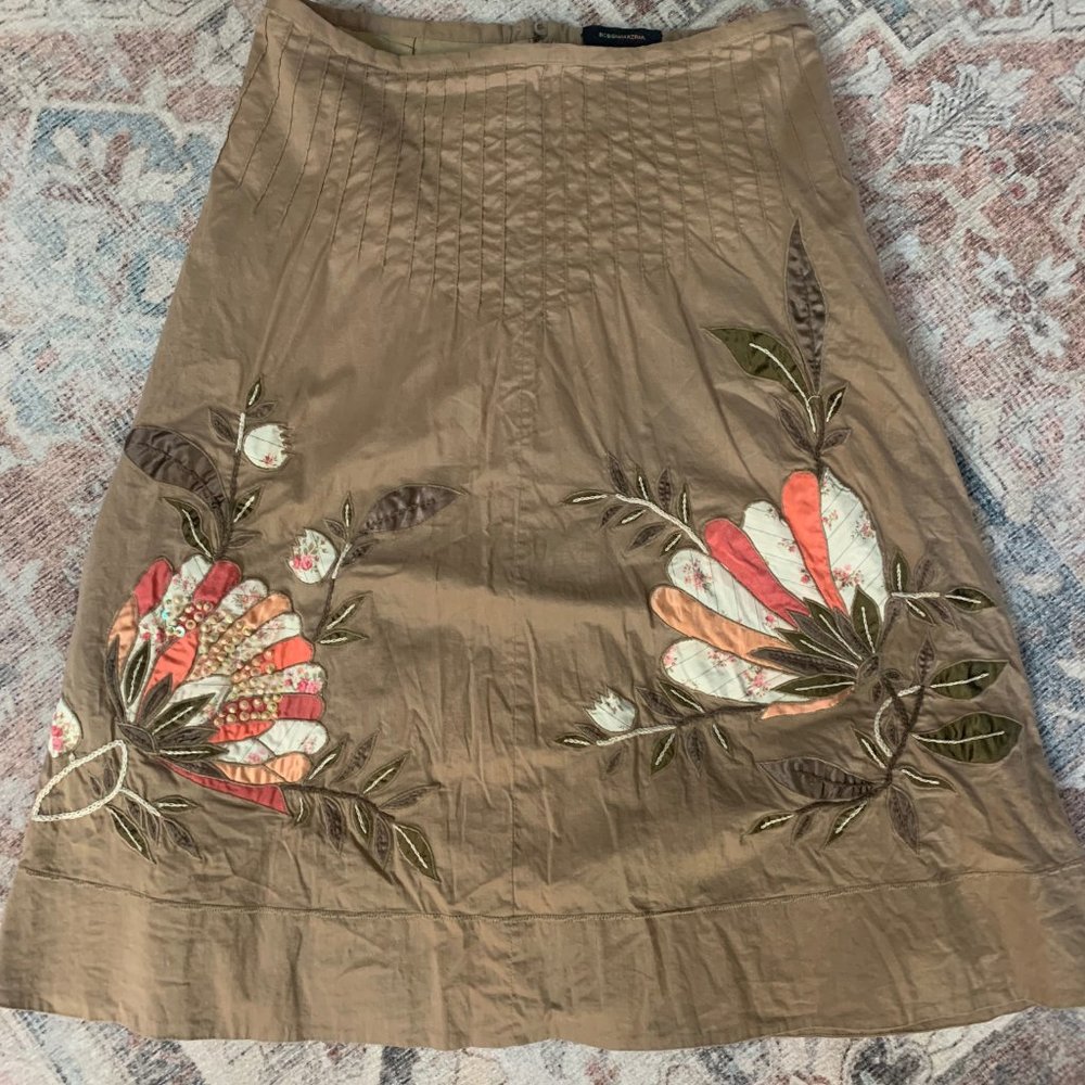 BCBGMaxAzria Tan A-line Floral Embroidered Skirt